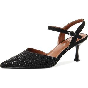 Women's Black-Suede Rhinestone Pointed Toe Stiletto Ankle Strap Buckle Heels